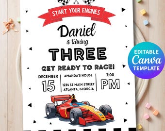 Race Car Birthday Invitation, Racing Car Party Invite Boy, 3rd Birthday Canva Template Editable, Kids Car Theme Digital Download