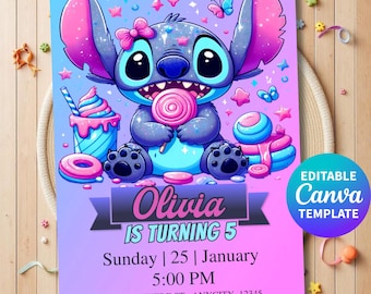 Stitch Birthday Invitation, Cute Cartoon Monster Party Invite Canva Template, Editable Kids Birthday Card, Blue Pink Printable, Girl Party