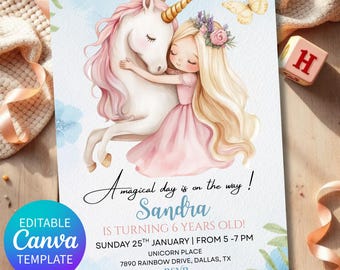Unicorn Birthday Invitation, Girl Birthday Invite,Editable Unicorn Party Invite,Unicorn Princess Invitation, Magical Unicorn Birthday Invite