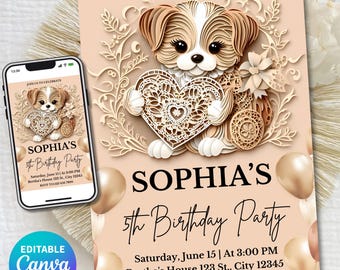 Dog Birthday Invitation Template Editable Canva, Puppy Pawty Invite, Cute Dog Birthday Invite Kids, Paw Party Invite, Pet Birthday Invite