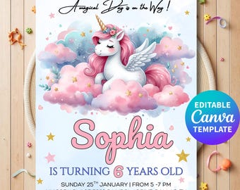 Unicorn Birthday Invitation, Girl Party Invite Canva Template, Editable Kids Celebration Card, Fantasy Pink Printable, Unicorn Party Decor