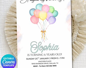 Balloons Birthday Invitation, Pastel Balloon Birthday Invite, Watercolor Digital Invitation, Modern Birthday Invite, Editable Canva Template