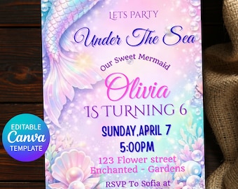Little Mermaid Birthday Invitation Template, Pink Purple Ocean Party Invite, Under Sea Toddler Celebration, Editable Canva Digital Download