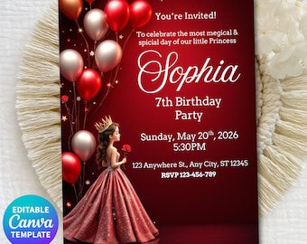 Princess birthday Invitation, Red Gold Balloon Party Invite, Girl Birthday Card, Elegant Royal Theme, Editable download Canva Template