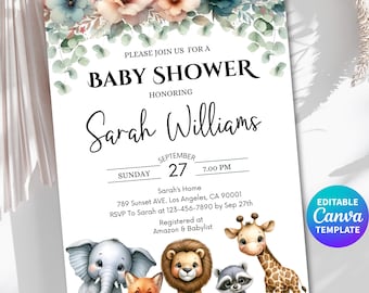 Safari Baby Shower Invitation Template Editable Canva, Jungle Baby Shower Invite, Cute Animal Elephant Lion Giraffe Neutral Baby Shower 5x7