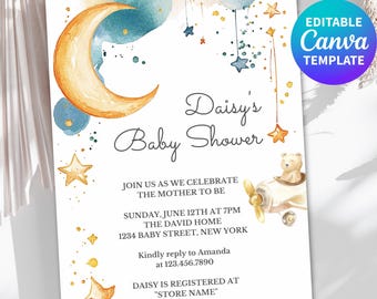 Moon Baby Shower Invitation Template Editable Canva, Celestial Teddy Bear Airplane Baby Shower Invite Gender Neutral Stars Baby Shower Decor