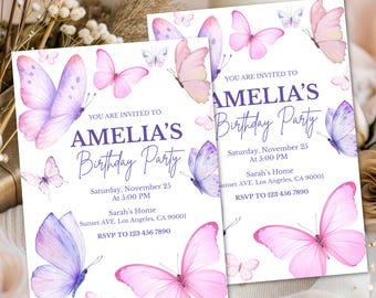Butterfly birthday invitation, sweet sixteen girl birthday invite, floral butterfly party, editable canva template, printable digital invite