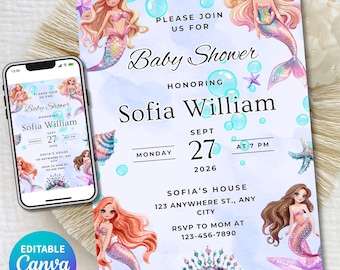 Mermaid Baby Shower Invitation Template Editable Canva, Under the Sea Baby Shower Invite, Girl Mermaid Baby Shower Invite, Ocean Theme Decor