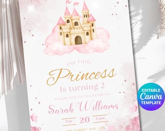 Princess Birthday Invitation Template Editable Canva, Pink Castle Birthday Invite, Girl 2nd Birthday Invitation, Fairytale Party Invite