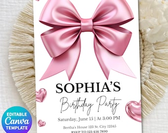 Pink Bow Birthday Invitation Editable Canva Template, Coquette Girly Party Invite, Sweet 16 Birthday Invite, Printable Digital Download