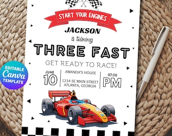 Racing Car Birthday Invitation Template, Three Fast Editable Canva Invite, Race Car Party Invitation Boy, Kids Racing Theme Digital Download