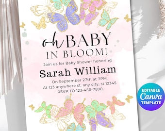 Baby Shower Invitation Template Editable Canva, Baby in Bloom Baby Shower Invite Butterfly Floral Girl Baby Shower, Spring Baby Shower Decor
