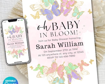 Editable Baby Shower Invitation Canva Template, Baby in Bloom Invite, Butterfly Floral Girl Shower, Spring Baby Shower Printable