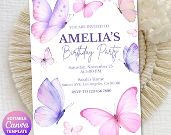 Editable Butterfly Birthday Invitation Canva Template, Pink Purple Girl Birthday Invite, Floral Butterfly Party, Printable Digital Invite