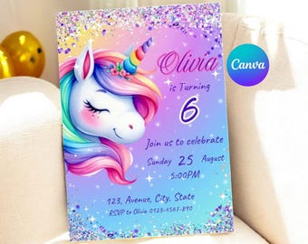Unicorn Birthday Invitation Canva Editable Rainbow Unicorn Party Invite Girls Magical 5x7 Printable Digital Download