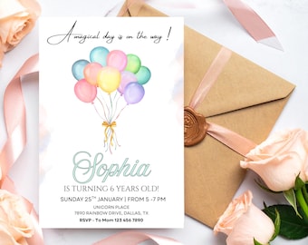 Birthday Balloons Invitation, Pastel Balloon Birthday Invite, Watercolor Digital Invitation, Modern Birthday Invite, Editable Canva Template