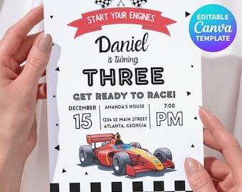 Race Car Birthday Invitation, Racing Car Party Invite Boy, 3rd Birthday Canva Template Editable, Kids Car Theme Digital Download