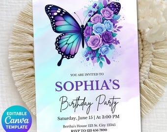 Butterfly Birthday Invitation Editable Canva Template, Purple Floral Butterfly Party Invite, Girl Birthday Invite Printable,Instant Download
