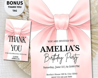 Editable Pink Bow Birthday Invitation Canva Template, Coquette Girly Bow Theme, Sweet 16 Birthday Invite, Boho Minimal Digital Printable