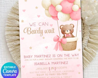 Editable Teddy Bear Baby Shower Invitation, Canva Template Girl Baby Shower Invite, Pink Balloons Theme, Printable Instant digital Download