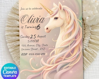 Unicorn Birthday Invitation, Pastel Rainbow Party Invite, Girl Birthday Card, Magical Fantasy Theme, 5x7 Canva Editable Template