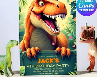 Editable Dinosaur Birthday Invitation, T Rex Party Invite, Jungle Theme Boy Birthday Invitation Printable Canva Template, Digital Download
