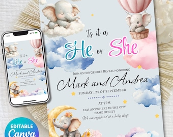 Gender Reveal Invitation Template Editable Canva, He or She Gender Reveal Invite, Unisex Baby Shower Invite, Neutral Reveal Invitation