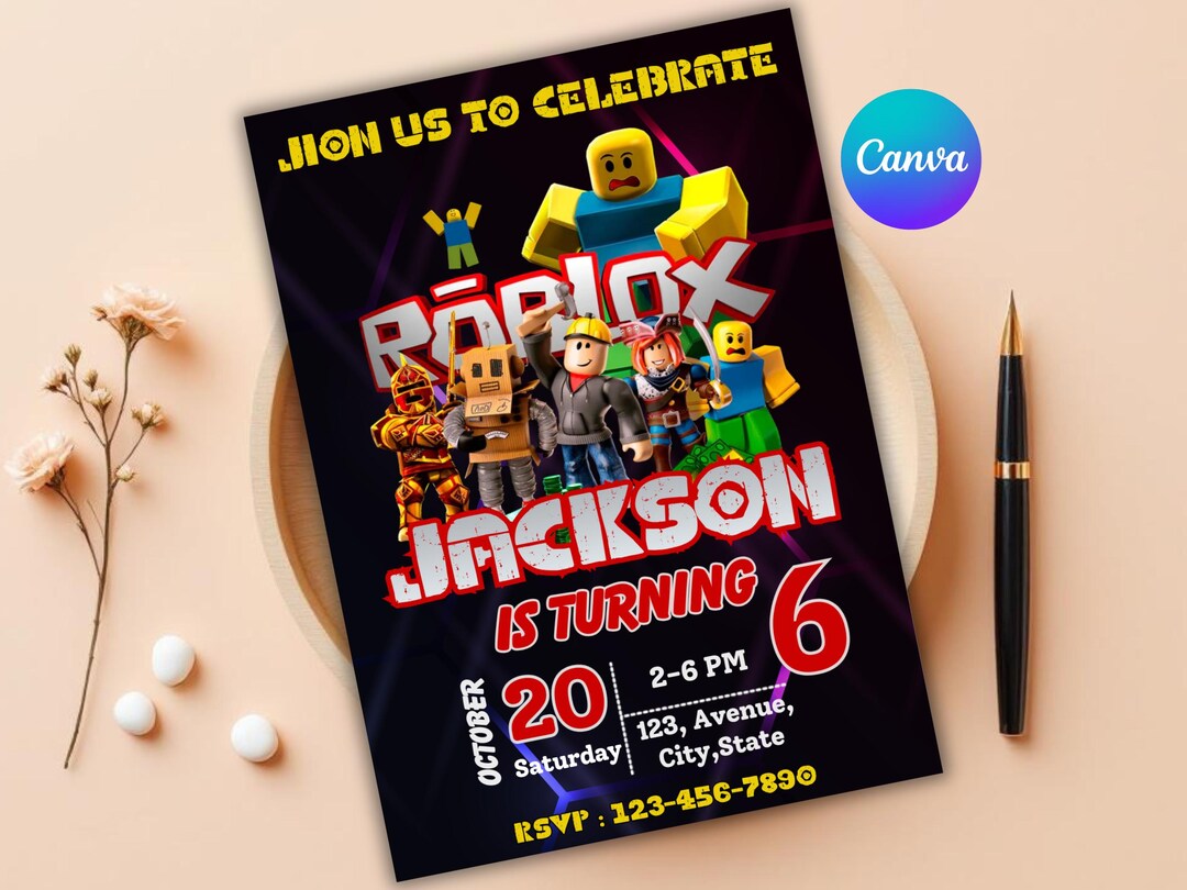Editable Roblox Boy Birthday Invitation | Roblox Editable Canva ...