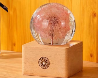 Pink Dandelion Resin Night Light, Handmade Wood Base