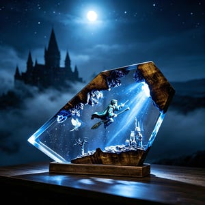 May include: A trapezoidal resin and wood lamp featuring an illuminated scene of a figure flying on a broomstick toward a castle. The internal light casts a bright blue glow, highlighting the dark wood edges and the miniature castle structure below.
