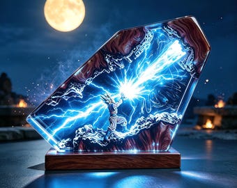 Handgemaakt Super Saiyan Goku nachtlampje van epoxyhars, Dragon Ball diorama lamp, houten voet, anime decoratie cadeau