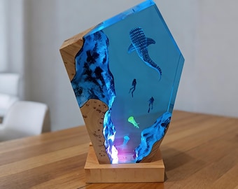 Ocean Resin Lamp, Wood and Resin Night Light, Whale Shark Decor, Scuba Diver Gift
