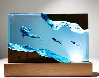 Whale Shark Epoxy Resin Night Light, Scuba Diver Personalized Wood Light, Unique Home Christmas Decor Gifts, Handmade Birthday Gifts for He