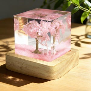 Lámpara de noche de resina con forma de cerezo rosa y ciervo sakura