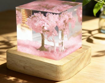 Pink Cherry Blossom Tree Resin Night Light, Sakura Deer Lamp