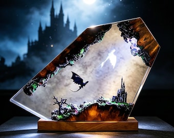 Handmade Dragon Castle Epoxy Resin Night Light, Fantasy Diorama Table Lamp, Wooden Base Medieval Decor Gift