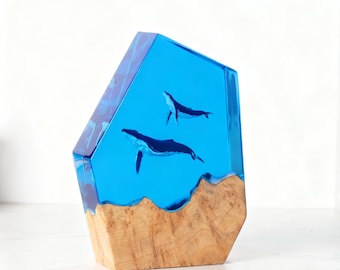 Resin Whale Lamp, Wood Night Light, Ocean Desk Decor
