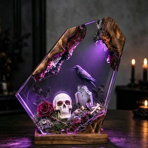 Lámpara de resina epoxi con calavera, cuervo y rosa hecha a mano, diorama gótico, luz nocturna, decoración de resina de fantasía oscura, adorno de escritorio espeluznante de Halloween, regalo gótico