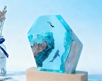Whale Shark Scuba Diver Resin Night Light, Custom Wood Lamp