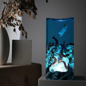 Cave Exploration Boat Octopus Epoxy Resin Night Light,Custom Night Lamp,Personalized Handmade Light,Unique Home Decor,Custom Christmas Gifts