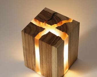 Solid Wood Epoxy Resin Night Light, Handmade Wooden LED Lamp