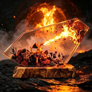 May include: A clear resin display piece featuring an orange dragon-like creature standing on dark volcanic rocks, breathing a stream of bright yellow and orange fire. The entire scene is encased in a diamond-shaped resin block on a wooden base.