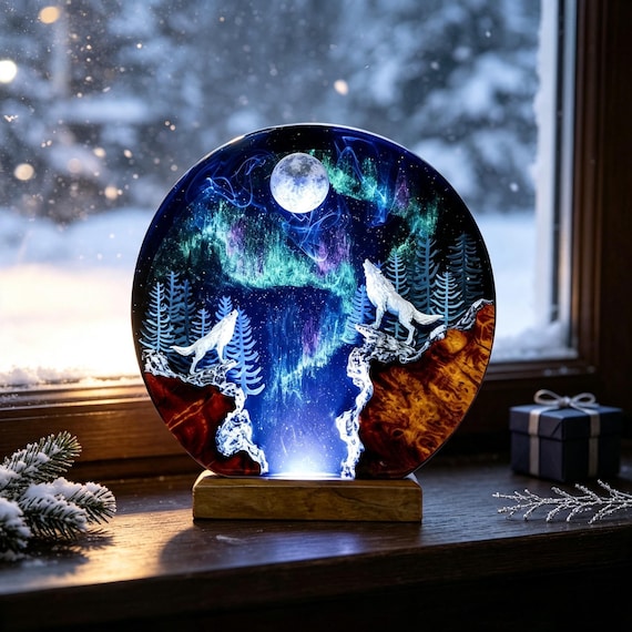 A hand-poured epoxy resin diorama night light with a wolf, moon, and winter forest trapped inside — the kind of 3D illuminated scene that looks impossible to make by hand.