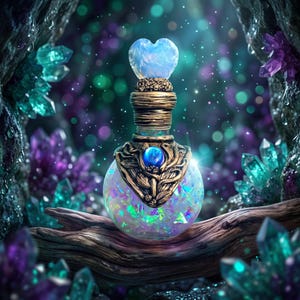 Puede incluir: Una botella de vidrio redonda llena de fragmentos iridiscentes y brillantes. El cuello está envuelto en metal dorado texturizado con un orbe azul central. El tapón es una piedra azul claro lisa en forma de corazón. La botella descansa sobre madera.