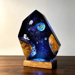 Handgemaakte astronauten-sterrenstelsel nachtlamp van epoxyhars, ruimteplaneetdiorama tafellamp, houten voet, decoratief cadeau voor astronomieliefhebbers