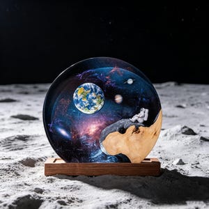 Op de afbeelding: Een cirkelvormig kunstwerk van hars met een achtergrond van een ruimtenevel, een centrale aarde, verre planeten en een klein astronautenfiguurtje op een natuurlijke houten rand. Het geheel rust op een rechthoekige houten voet.