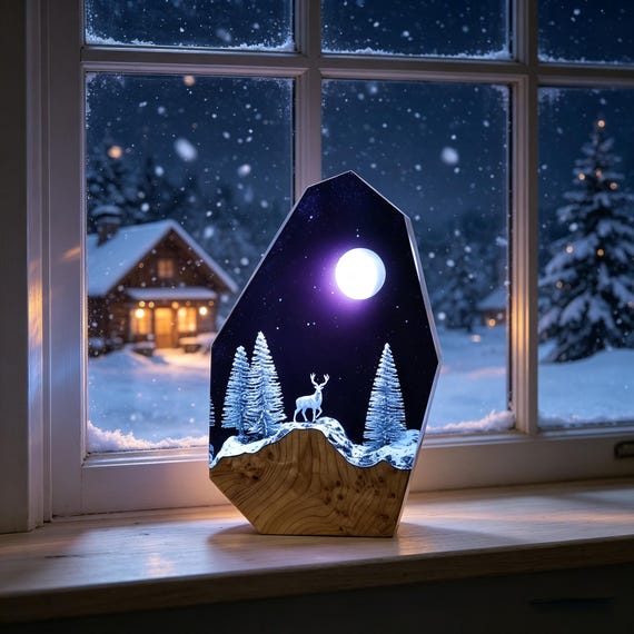 A whole winter forest scene — deer, moon, snow — hand-sculpted inside glowing epoxy resin with multicolor LEDs; it's basically a diorama you plug in.