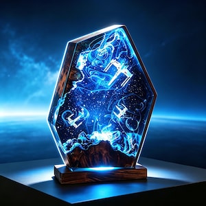 May include: A hexagonal lamp featuring a dark wood base and frame, with a translucent blue resin centre depicting a starry space scene with three white starfighter silhouettes and swirling light patterns illuminated from within.