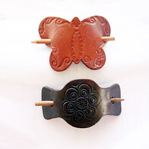 Vintage Butterfly and Barrette Shaped Leather and Wood Chignon/Bun Hair Holders (Dark and Medium Brown)