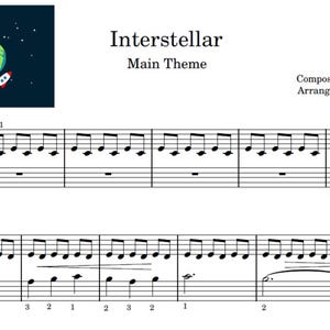 May include: Sheet music for "Interstellar Main Theme" by Hans Zimmer, arranged by Yasaman. A cartoon illustration of Earth and a rocket is in the upper left corner. The music notation includes treble and bass clefs, with tempo marking of 80.